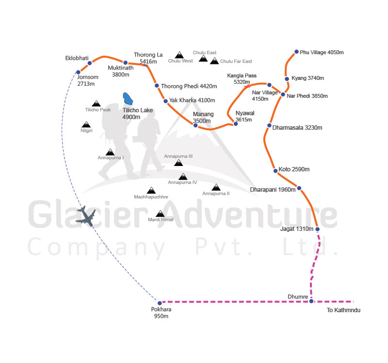 Nar Phu valley with Kang La pass Trekking map