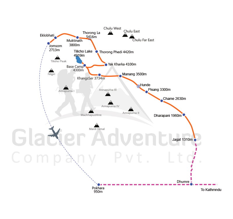 Tilicho Lake with Thorong La Pass Trekking map