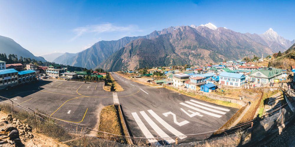 Famous Lukla airport with Kongde Himal.